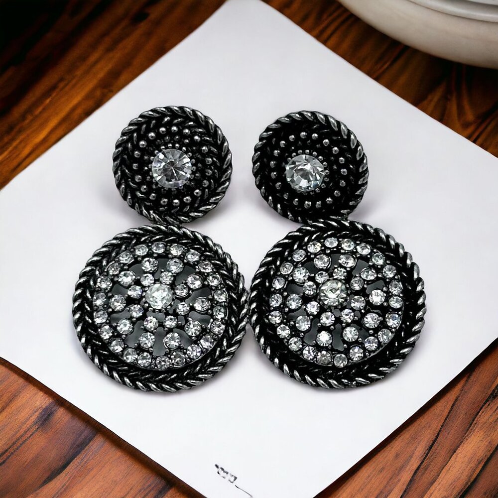 Black & Silver Dangling Pierced Disc Earrings